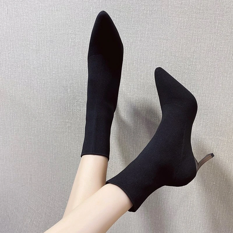 

Pointy Toe Thin Heel Slim Boots for Women In Spring and Autumn New Knitted High Heel Elastic Socks Short Boots for Women's