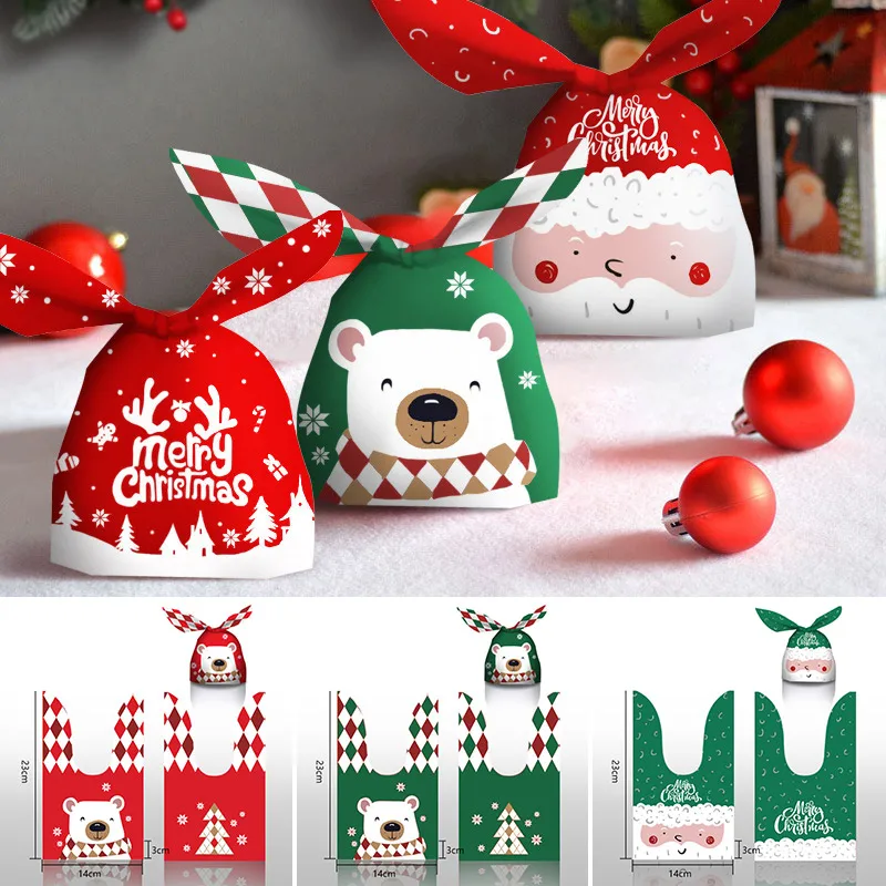 10Pcs Christmas Candy Bag, Cute Rabbit Ear Cookie Plastic Bags, Xmas Party Decoration, Gift Bags For Biscuits Snack Baking Package