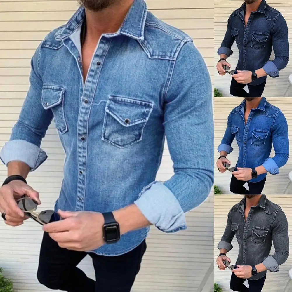 Spring Autumn Mens Jeans Shirt Short Sleeve Denim Shirts for Men Soft Cotton Two Pockets Slim Elastic Denim Shirts