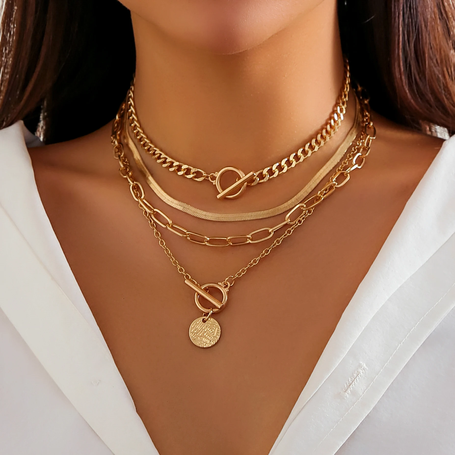 Vintage Multilayer Coin OT Buckle Pendant Choker Necklace