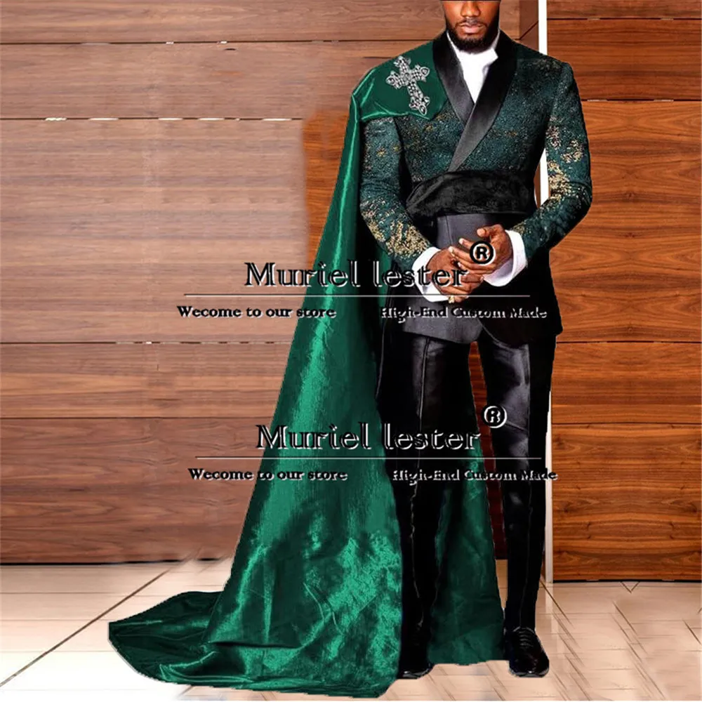Jacquard Suits Men For Wedding Double Breasted Jacket With Cape Formal Business Man Jacket Pants 2 Piece Groom Tuxedo Customized