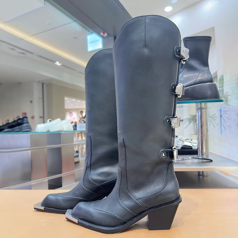 

Vintage Rivets Western Boot for Women 2023 Autumn Winter PU Leather Knee High Boots Woman Thick Heels Pointed Toe Cowboy Boots