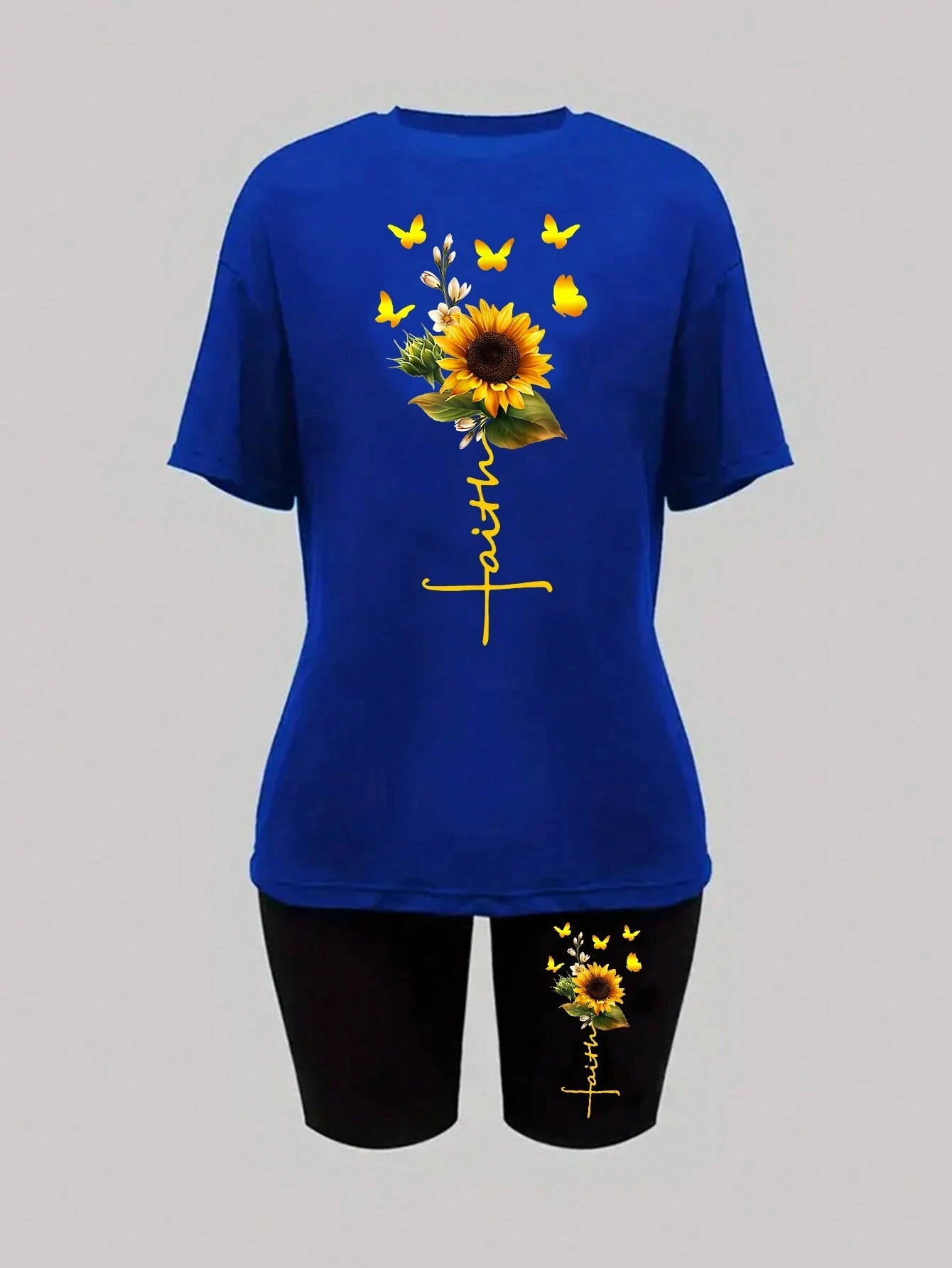 Sunflower Butterfly Print Women's Fashion Two-Piece Short Set