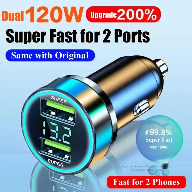 240W Dual USB Car Charger Super Fast Charging Digital Display Quick Car Charger Adapter For iPhone 15 16 Samsung Xiaomi Huawei