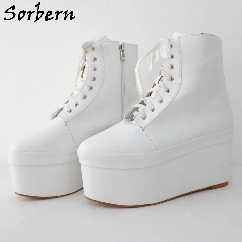 

Sorbern White Ankle Boots Women High Heel Wedge 10cm Comfort Lace Up Custom Colors Unisex Heels Size 46 Up To 48