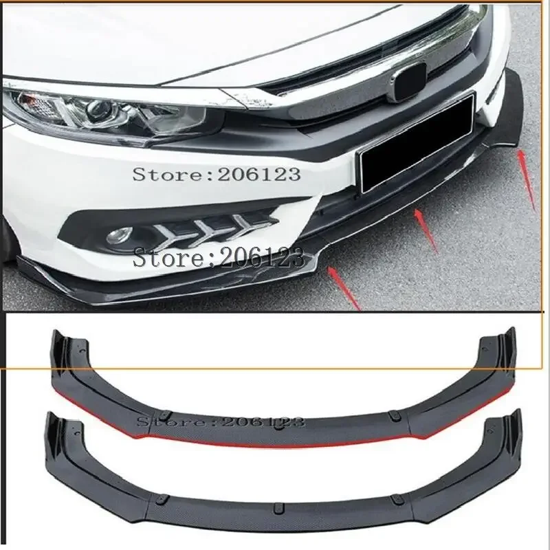 

3pcs For Honda For Civic Sedan 4Dr 2016 2017 2018 Carbon Fiber Look/Black Car Front Lower Bumper Lip Diffuser Spoiler Body Kit