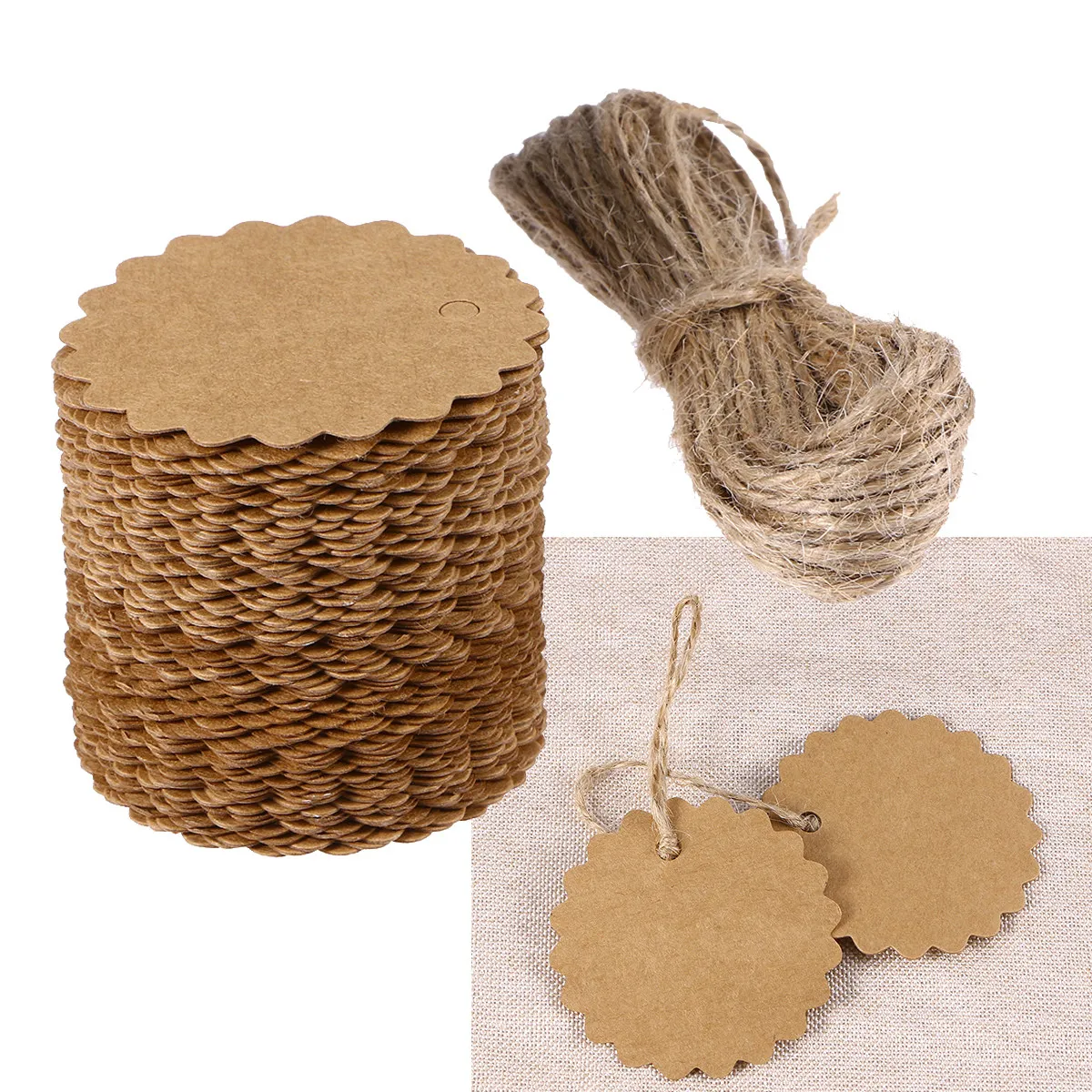 100Pcs 60Mm 라운드 스캘럽 크래프트 종이 태그 브라운 빈 공예 카드 DIY 웨딩 호의 파티 선물 수하물 가격 라벨 베이킹