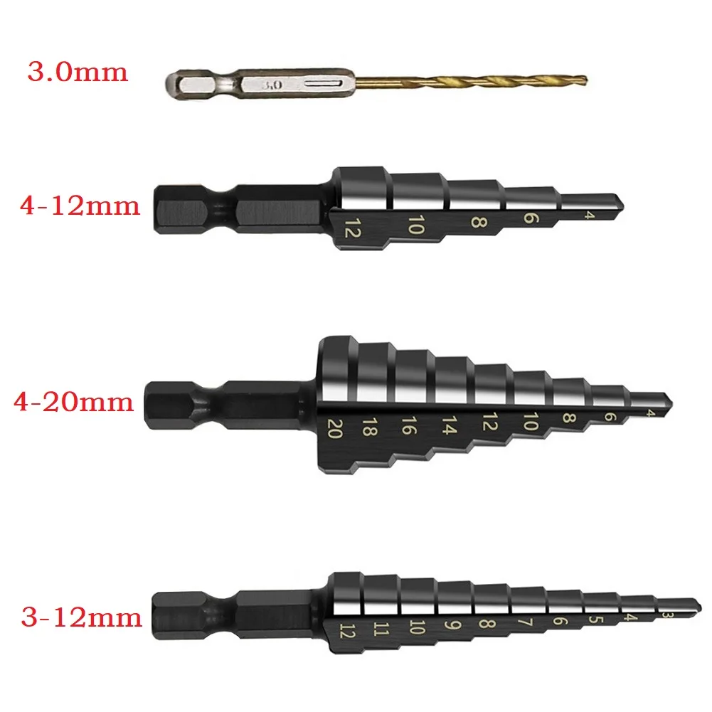 

4pcs/pack HSS Straight Groove Step Drill Bit Titanium Coated Wood Metal Hole Cutter 3.0-12mm 4.0-12mm 4.0-20mm Drilling Tools
