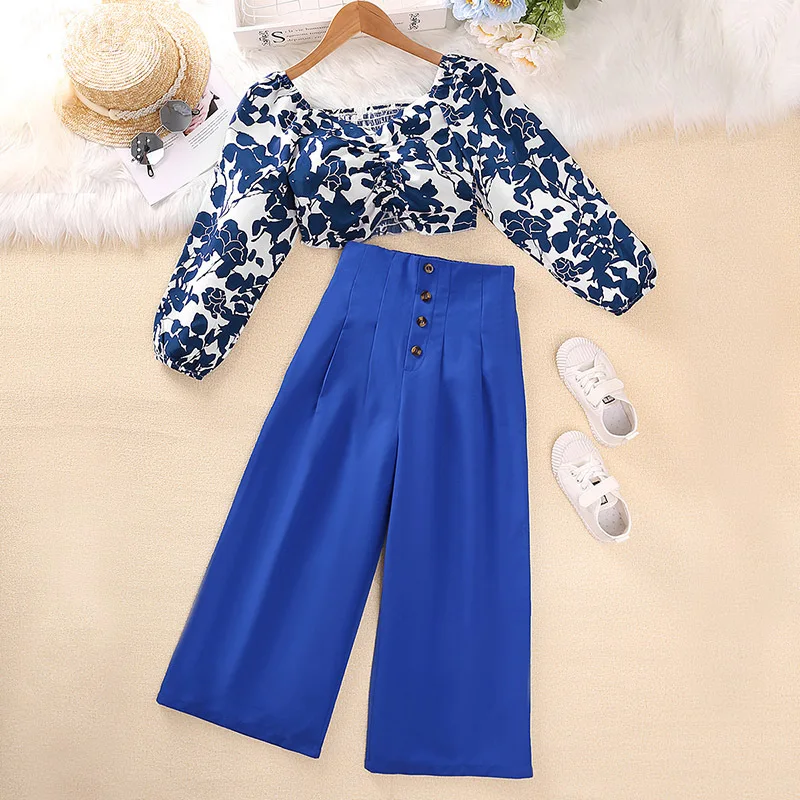 

6-12 Years Spring Autumn Girls Clothing Set Fashion Short Style Full Sleeve Print Flower Shirt + Pants 2Pcs Kids Suit