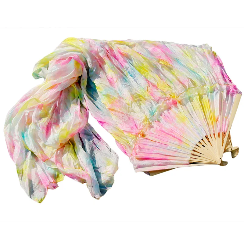 여성용 염색 순수 천연 실크 선풍기 베일, 밸리 댄스 공연 소품, 선풍기 밸리 댄스 의상 및 액세서리 한 쌍, 100%