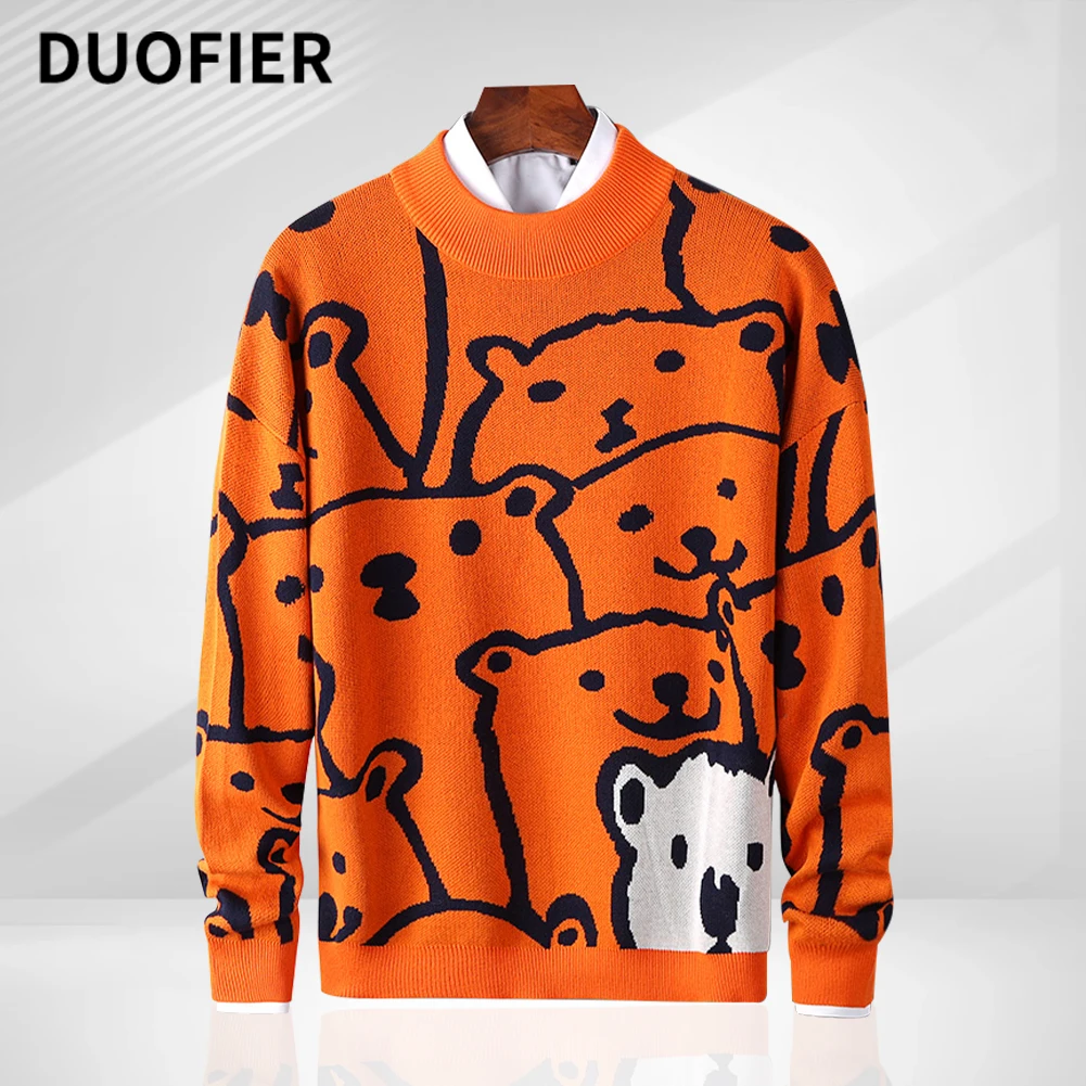 

Warm Knitted Sweater Men Cartoon Animal Polar Bear Pattern Pullover Harajuku Casual O-neck Oversize Tops Streetwear Unisex Fall