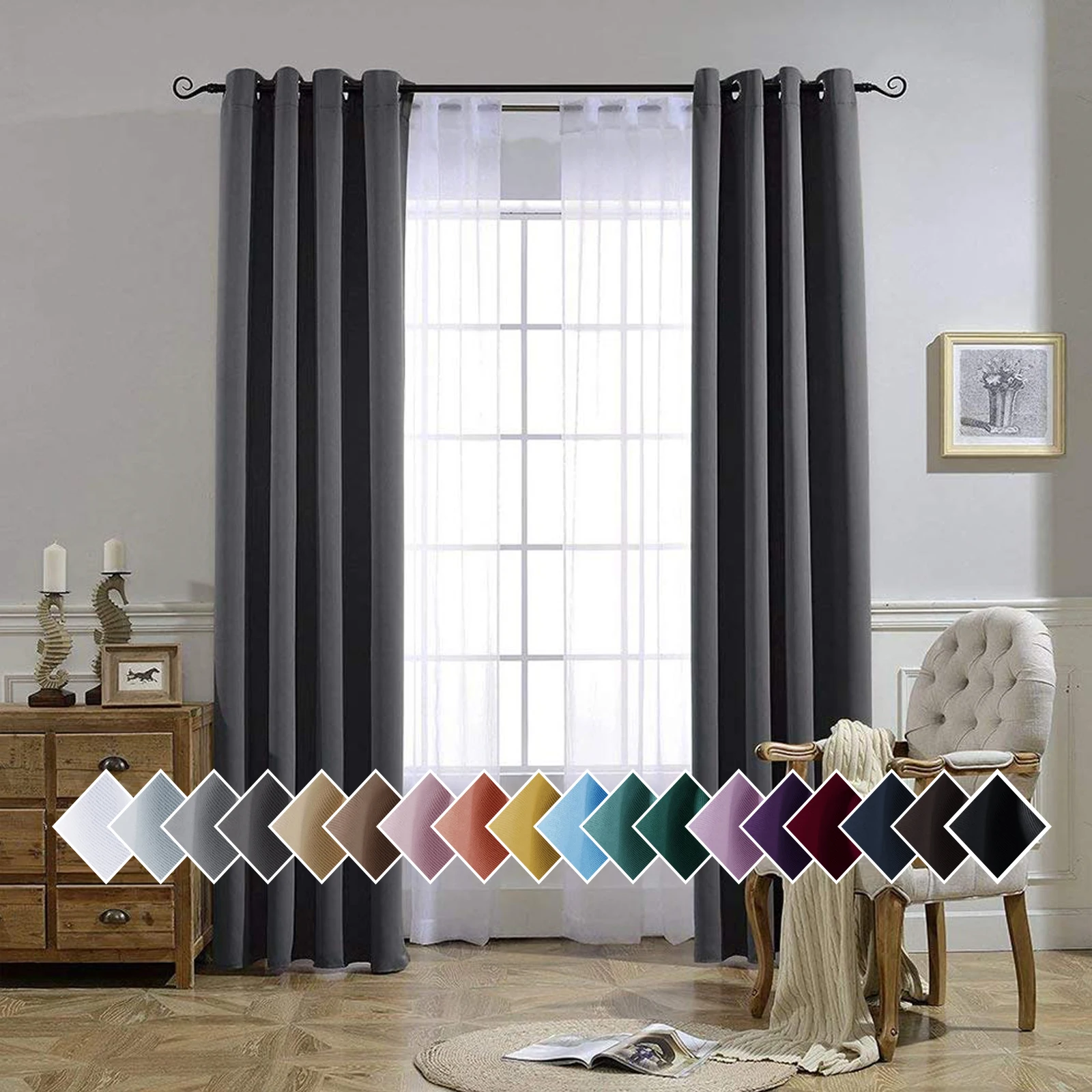 RYB HOME 2Pcs Modern Blackout Curtains for Living Room Solid Color Bedroom Curtains Ready-made Curtains Home Decoration