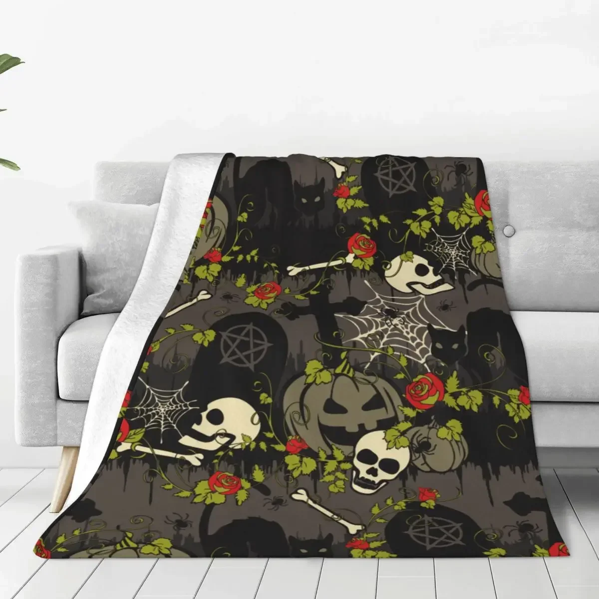 

Gothic Skeleton Blanket Cover Velvet Halloween Spider Web Super Warm Throw Blanket for Bedroom Sofa Bed Rug
