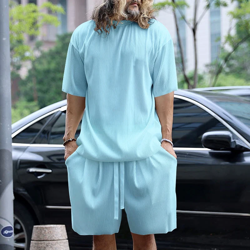 2024 Summer European-style Fashion Suit For Men's Loose Plus Size Breathable Comfortable Short Sleeve Shorts Two-piece Set