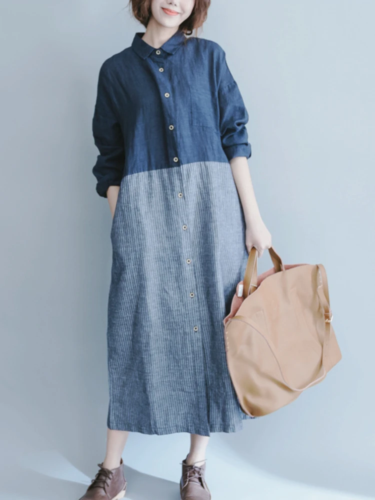 

Dress for Women Spring Summer New In Elegance Vintage Stripe Casual Blue Oversize Korean Fashion LOOSE Mid-Calf Robe Long Dress