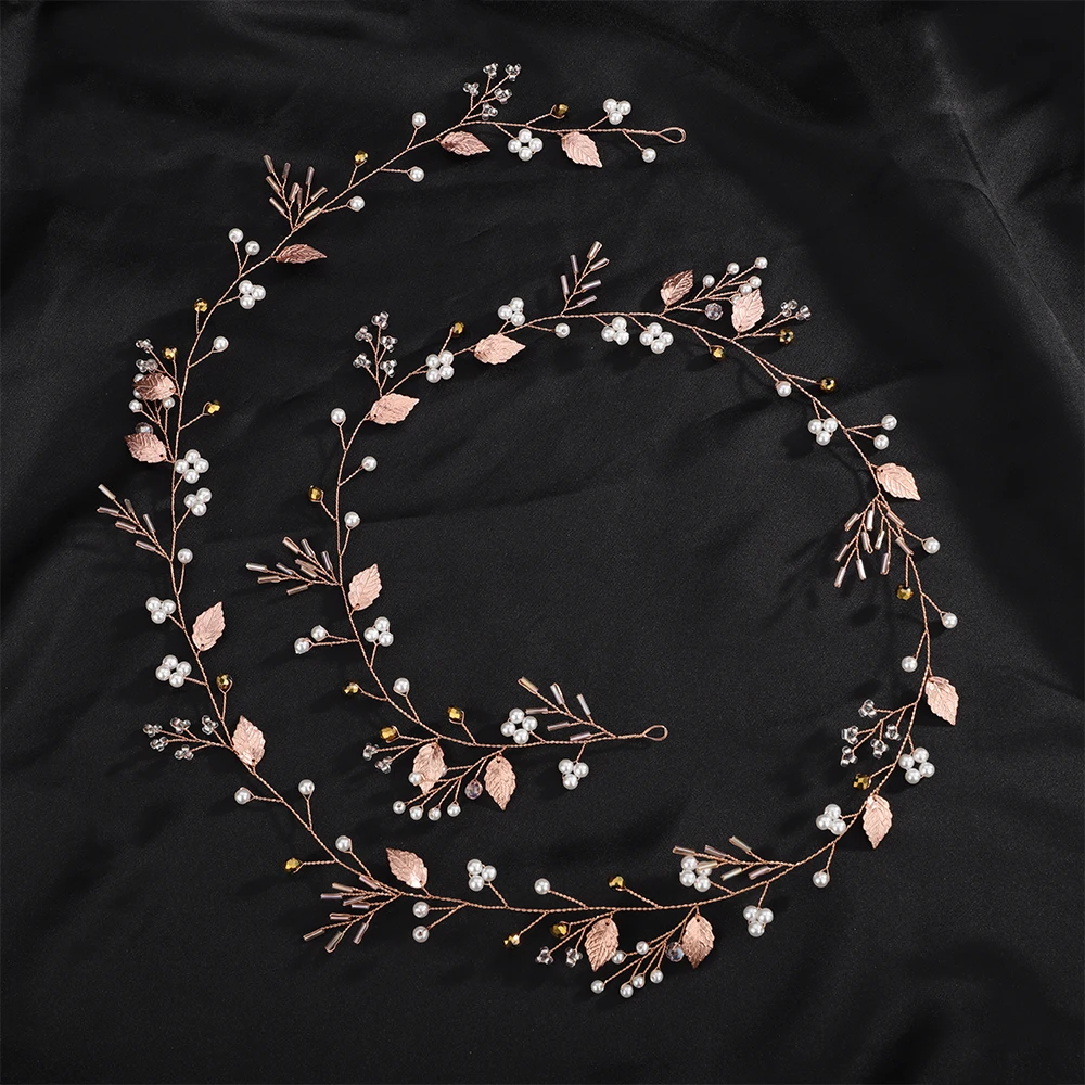 Pearl Crystal Bridal Headband Vine Women Handmade Rose Gold Wedding Hair Accessories Party Leaf Bride Head Jewelry Headpiece