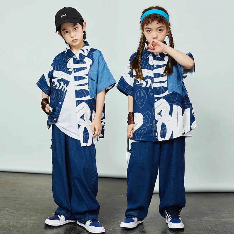 Children Hip Hop Clothes Sets Letter Short Sleeve Shirt + Loose Jeans Kids Boys Street Dance Costume Girls Jazz Performance Suit