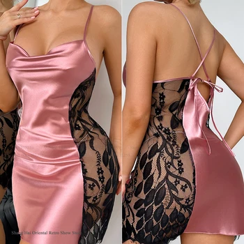PLUS SIZE SEXY Perspective Lace Lingerie Nightgown Temptation Mini Nightdress Mujer Lencerias Ice Silk Nighty HomeWear Sleepwear
