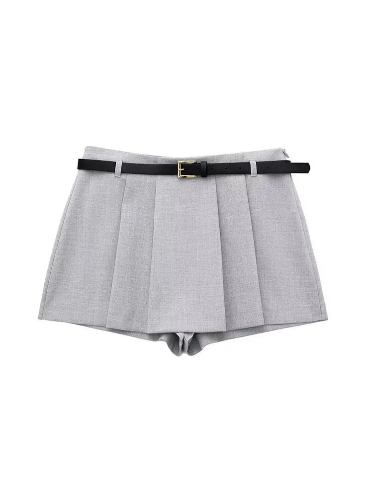 

Women 2023 Autumn New Chic Fashion With Belt Wide Fold Shorts Skirts Vintage High Waist Side Zipper Female Skorts Mujer