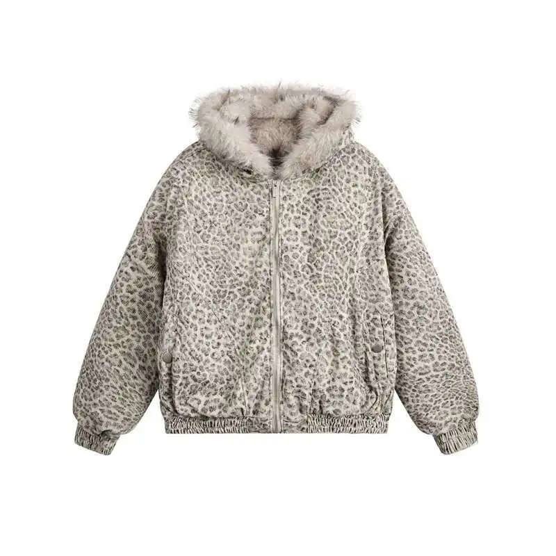 Sweatshirt jacket cotton jacket Men's Fleece Jackets Hooded Leopard Print Fur Thick Padded Coats Thermal Contrast Color Male Clothing CPG2405