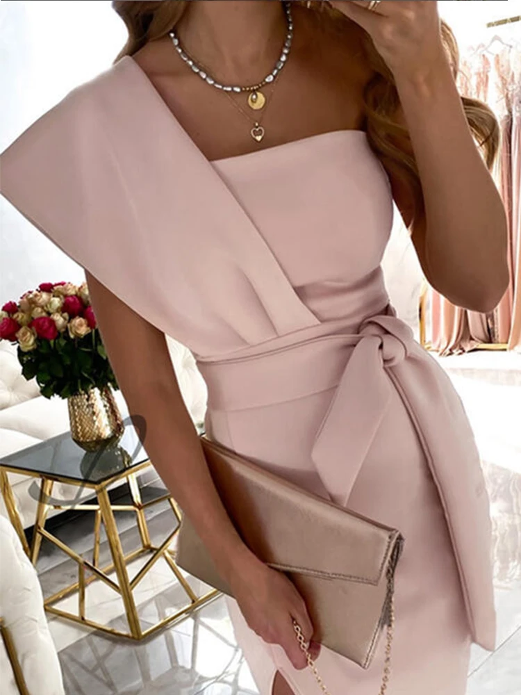 mother of the groom dresses Sexy One-Shoulder Slit Bodycon Dress Elegant Sashes Lace-up Solid Midi Dress Summer Women Commute Solid Party Dress Vestidos bridal shops near me