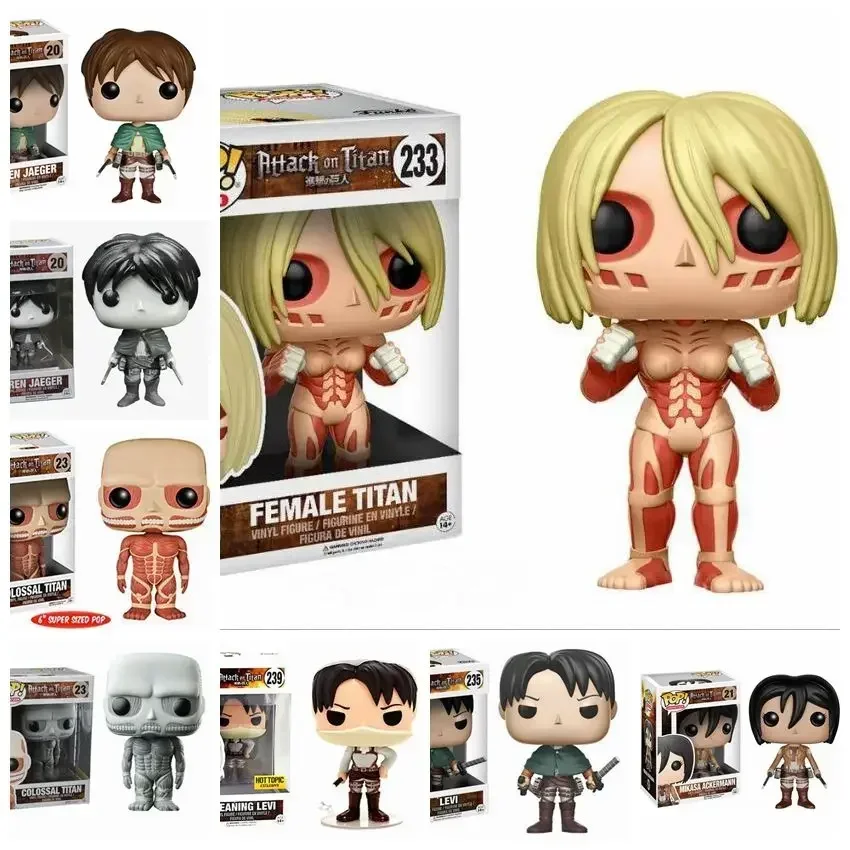 Figura de acción Funko Pop Attack On Titan COLOSSAL TITAN #23 FEMALE TITAN #233 Levi #235 MIKASA 21# EREN 20# Colección de juguetes