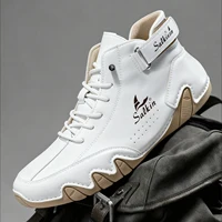 Hand-stitching Casual Leather Shoes Men Boots Outdoor Autumn Retro Breathable Casual Men's Sneakers Lace Up White Ankle Boots