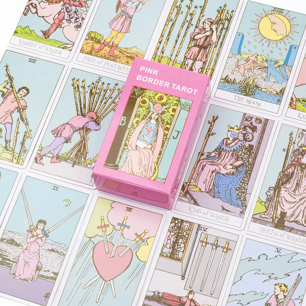 Pink Border Tarot Card Deck with Guidebook 78Pcs English Version Family Gathering Divination Deck Board Game Cards 10.3*6cm 6