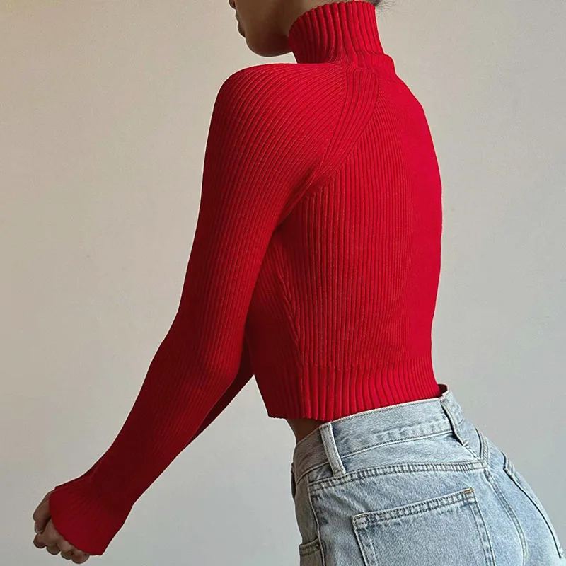 Nuovo maglione Sexy da donna tinta unita collo alto con spalle scoperte ombelico aperto Top lavorato a maglia di lana