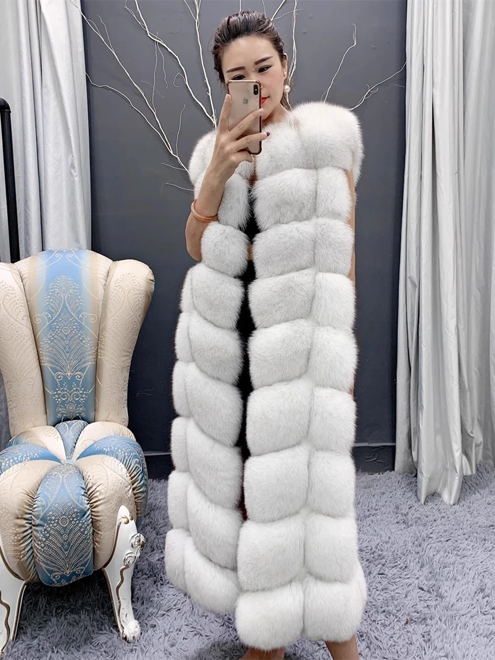 110cm Long Fox Fur Vest Women Real Plus Size Sleeveless White