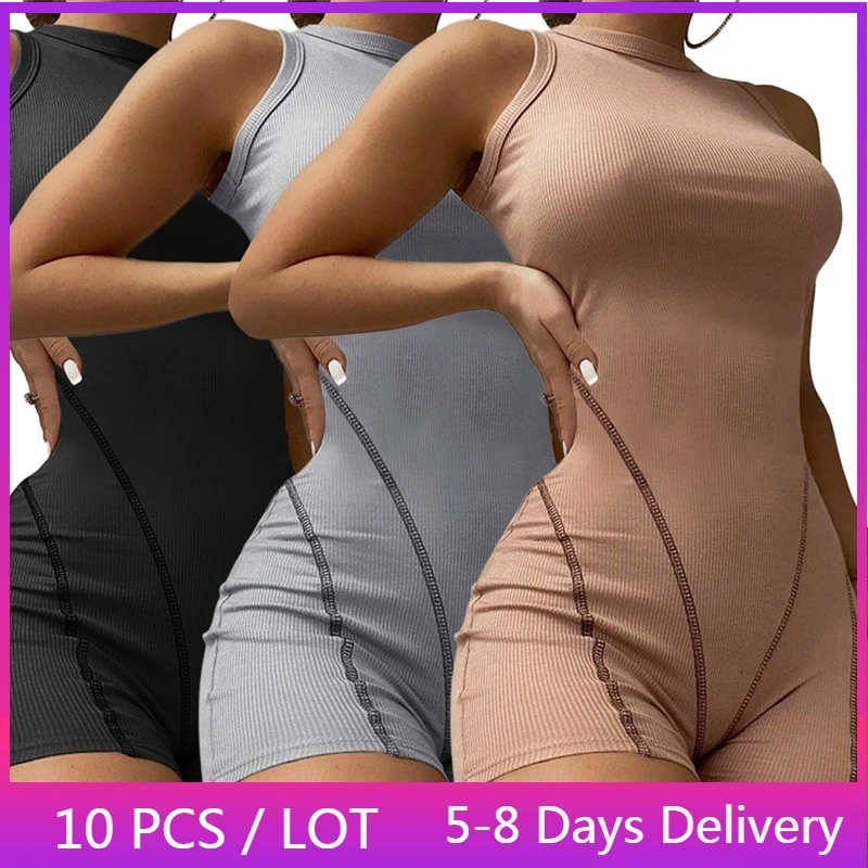 

Wholesale Items Sleeveless Ribbed Bodycon Jumpsuit Women Sportswear Skinny Black Bodysuit Summer Biker Shorts Casual Playsuit