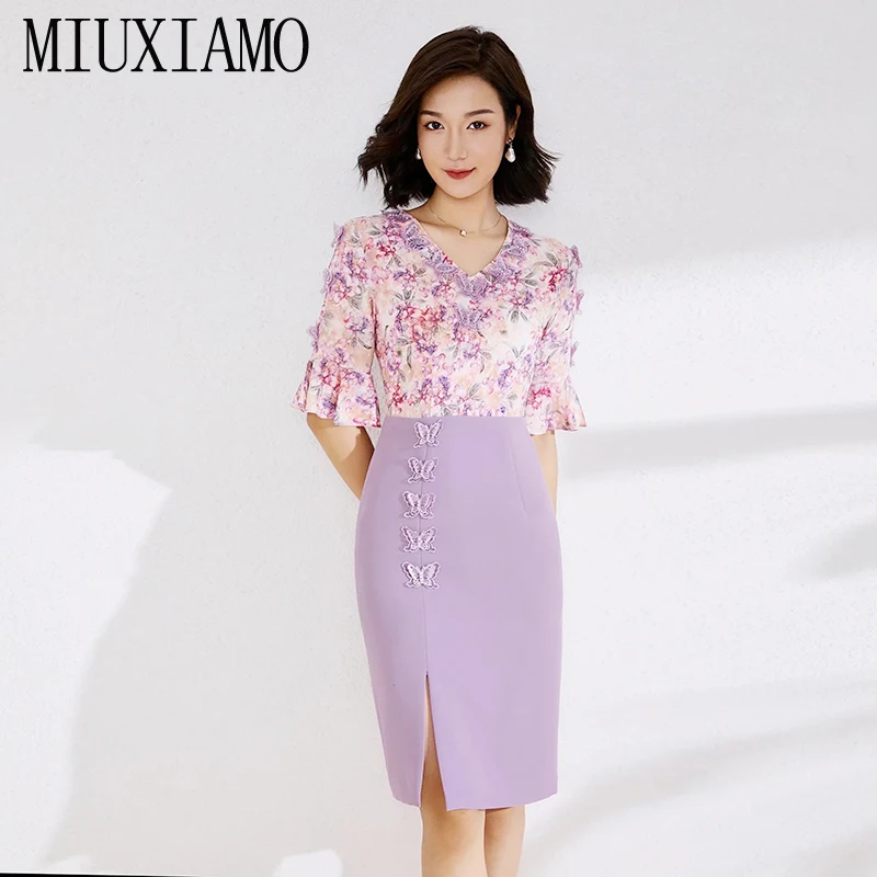 

MIUXIMAO 2022 High Quality Spring&Summer Elegant Dress Short Sleeve V-Neck Bow Print Fashion Knee-length Dress Women Vestide