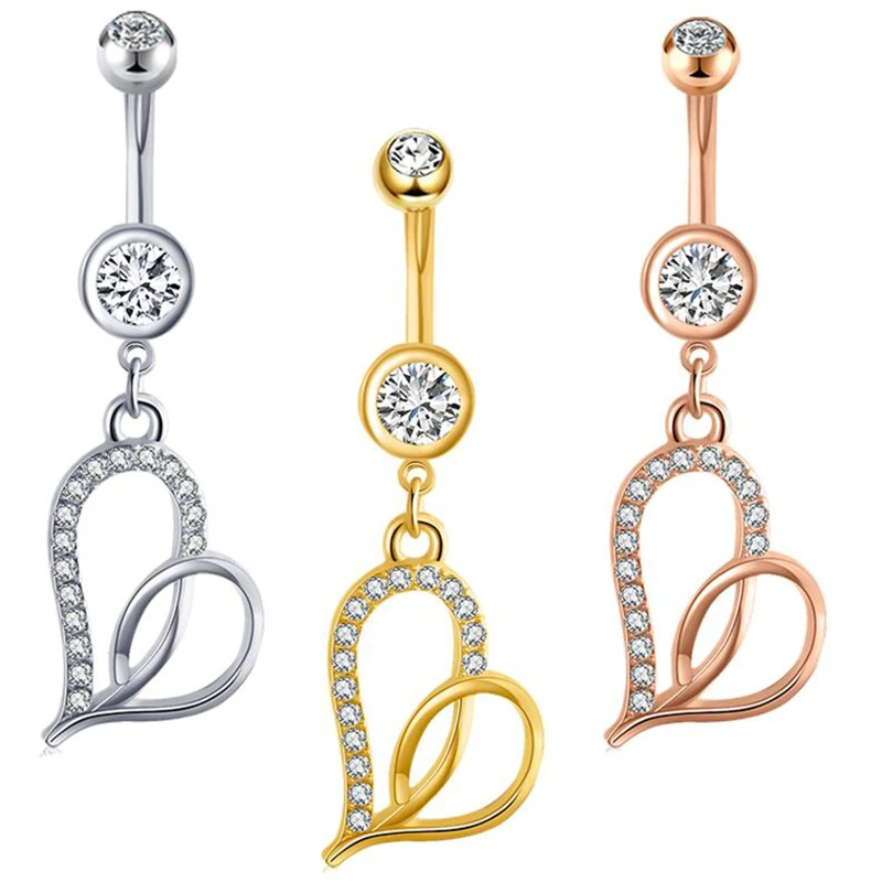 

Wholesales Dangling Belly Button Rings for women Navel Rings Round/Love Heart Clear CZ Curved Barbell Piercing navel piercing