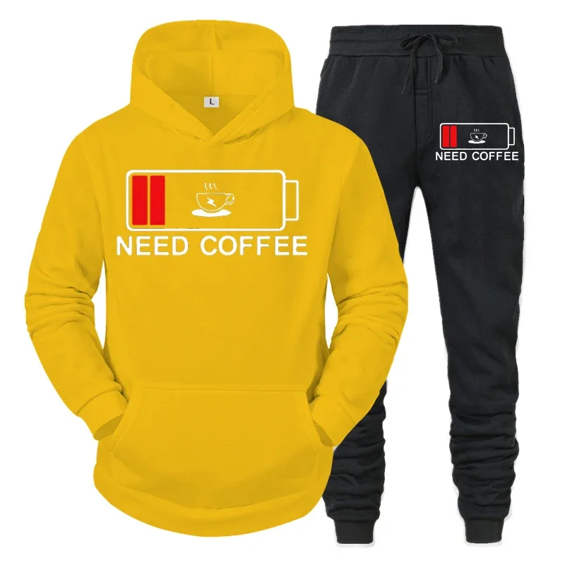 thumbnail image 1 of Conjunto de 2 piezas de sudadera y pantalón divertidos para hombre con estampado "Need Coffee" de manga larga con capucha y patrón de batería baja, ropa deportiva, 1 of 5