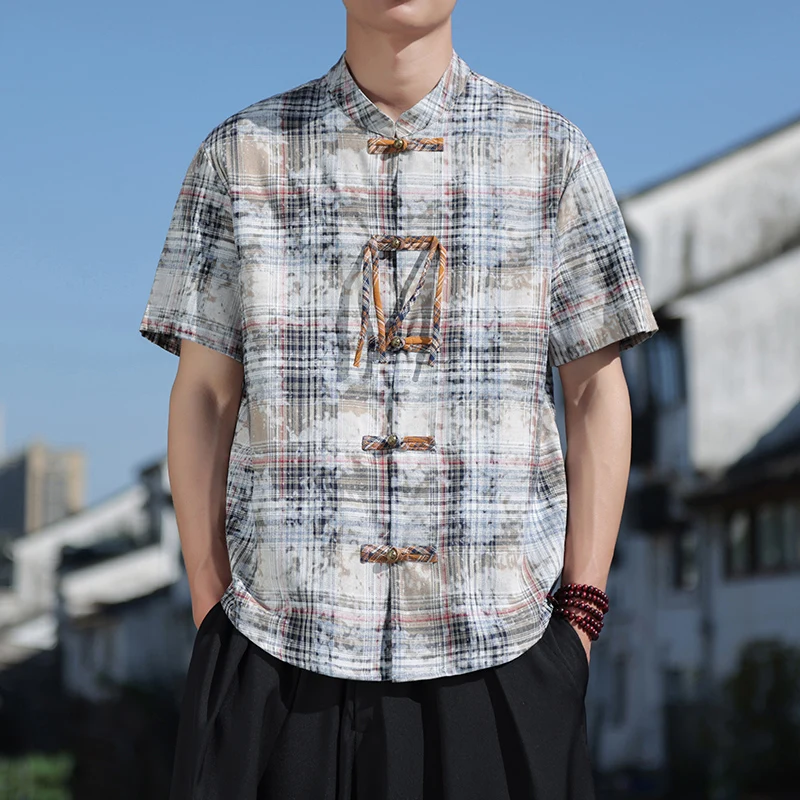 

Men's Chinese Style Buttons Stand Collar Loose Casual Short Sleeve Plaid Shirts Cityboy Oversize Blouses Plus Size Shirt for Men