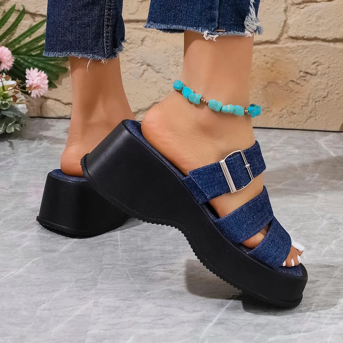 Blue Denim Chunky Platform Slippers Women Fashion Buckle Wedge Heels Sandals Woman Summer Comfort Thick Bottom Outdoor Slippers