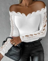 2023 Autumn Winter Spring New Fashion Casual Sexy Blouses Off Shoulder Hollow Out Lace Top Female Clothing TShirts Pullover Tops 1
