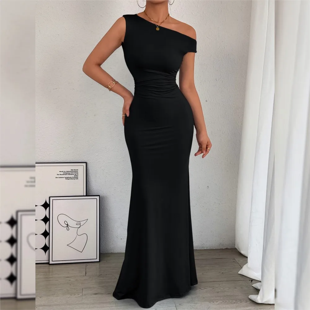Women's Fish Tail Dress Off-the-shoulder Collar Waist Pleated Sleeveless Sexy Dress 1