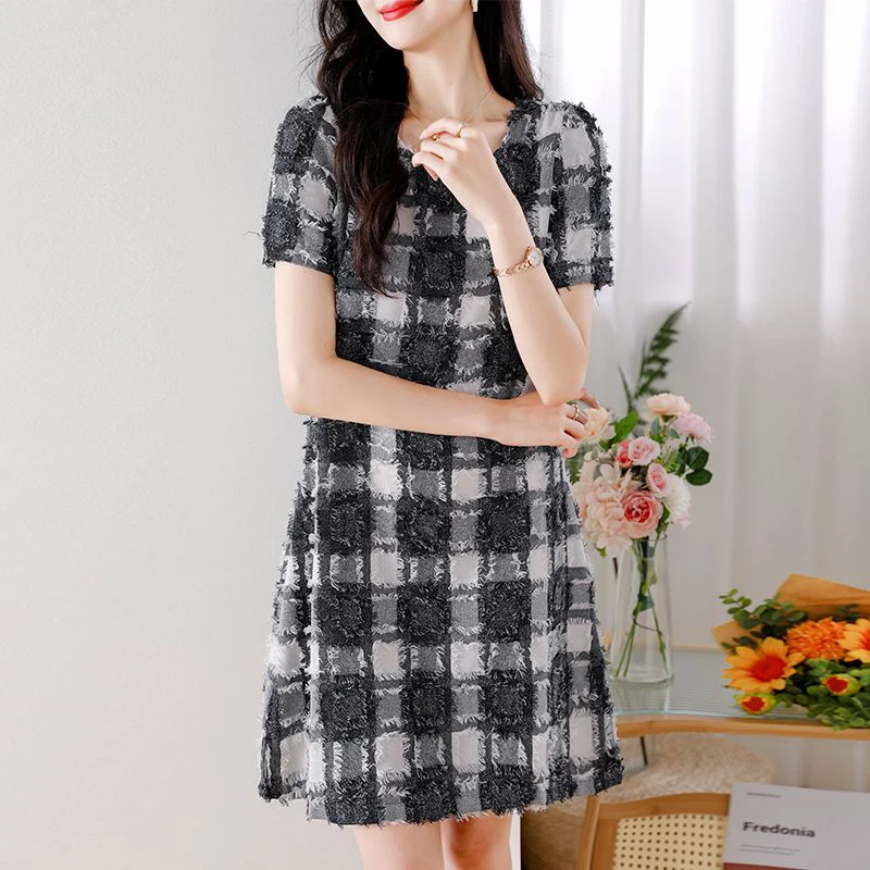 Fashion O-Neck Loose Plaid Short Sleeve Dress Women's Clothing 2024 Summer New Short Sleeve Office Lady Princess Dress