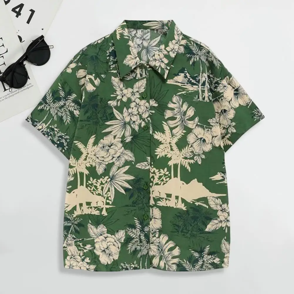 

Beach Shirt Buttons Closure Thin Coconut Tree Printed Casual Hawaiian Shirt Turn-down Collar Men Shirt Daily Clothing