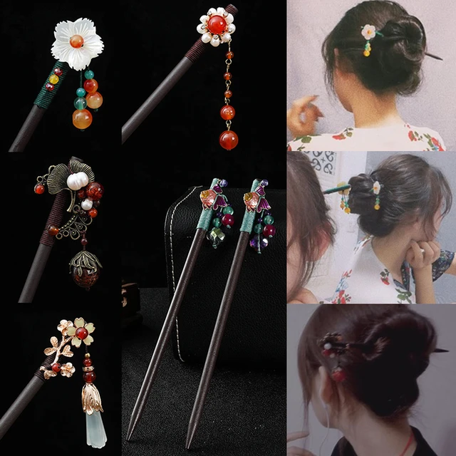 Vintage Wood Flower Hairpin For Women Antique Hair Stick Hair Clip Hair Pin