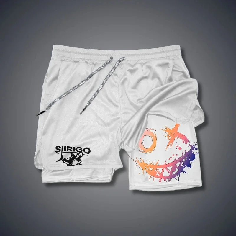 Men's Smiling Face Printed Fitness Shorts, Double-Layer 2-in-1 Quick Drying Fitness Outdoor Leisure Training Sports Shorts 2