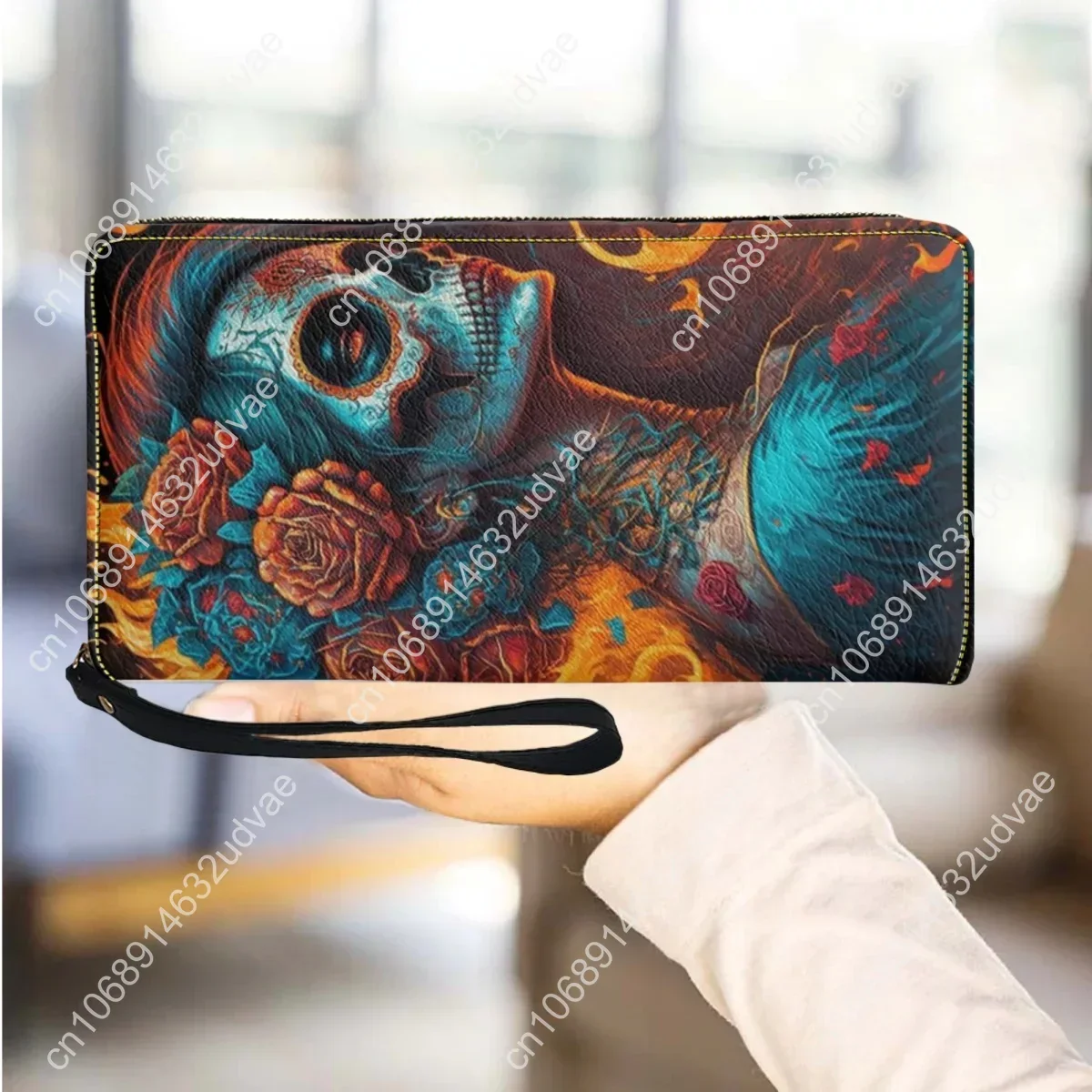 

Goth Girl Sugar Skull Design Zipper Wallet Women Long Shoulder Strap Casual Coin Purse Card Holder PU Leather Wallet Clutch New