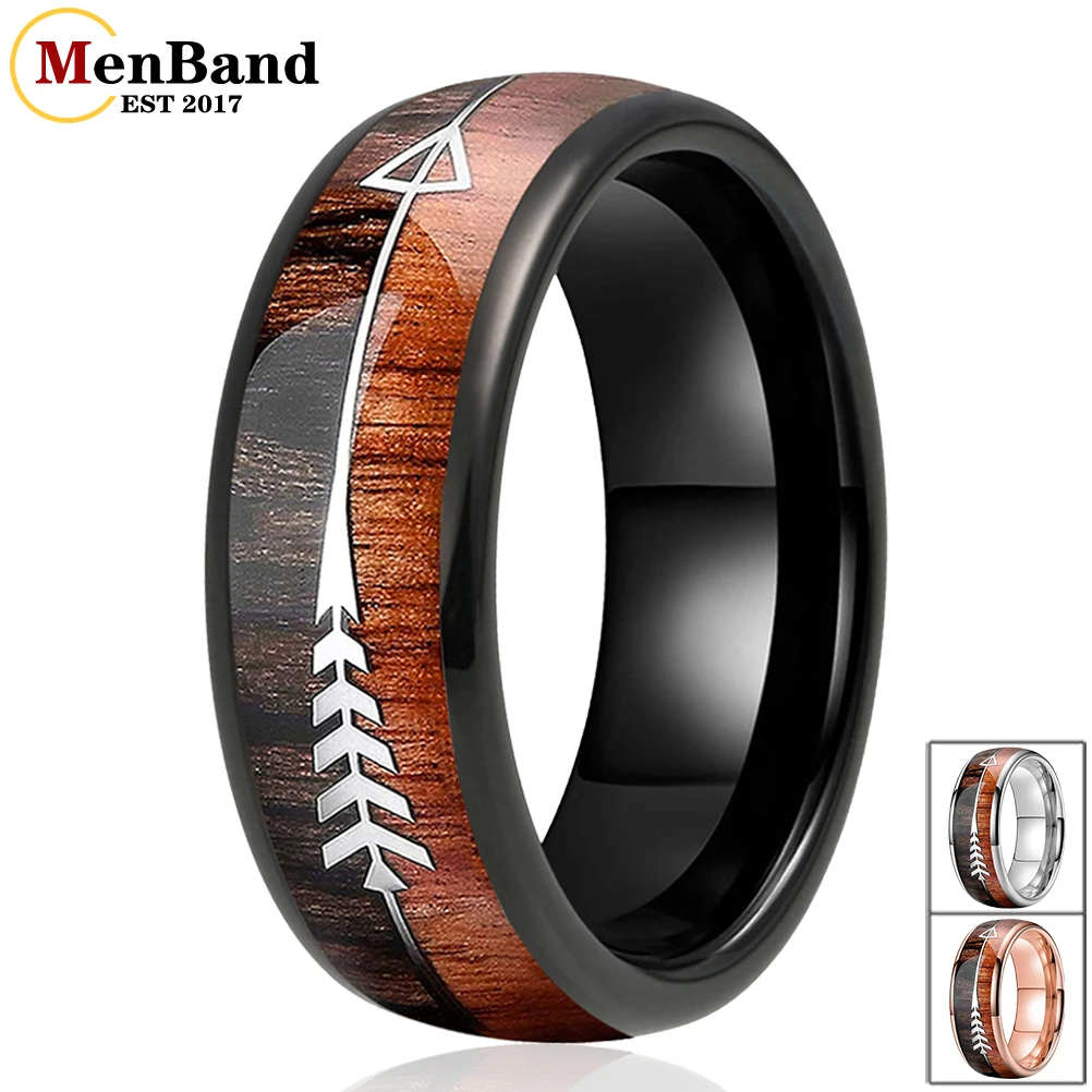 MenBand Fashion 6/8MM Black Tungsten Carbide Wedding Band Ring Two Different Koa Wood And Arrow Inlay Dome Polishing Comfort Fit