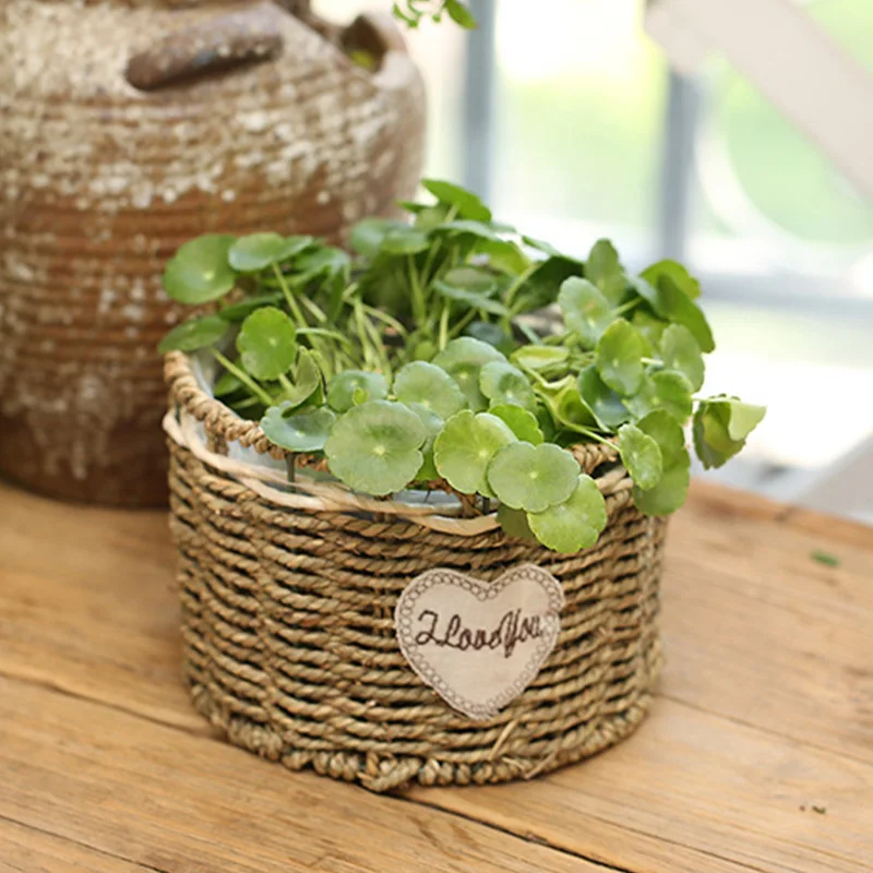 

1pc Rattan Weaving Flower Pot Pastoral Style Desktop Decorative Planters Home Decoration Retro Storage Basket With Heart Patch