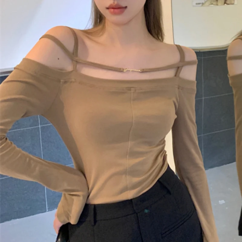 

Женская футболка с открытыми плечами, облегающая футболка с длинными рукавами в Корейском стиле, осень 2023
