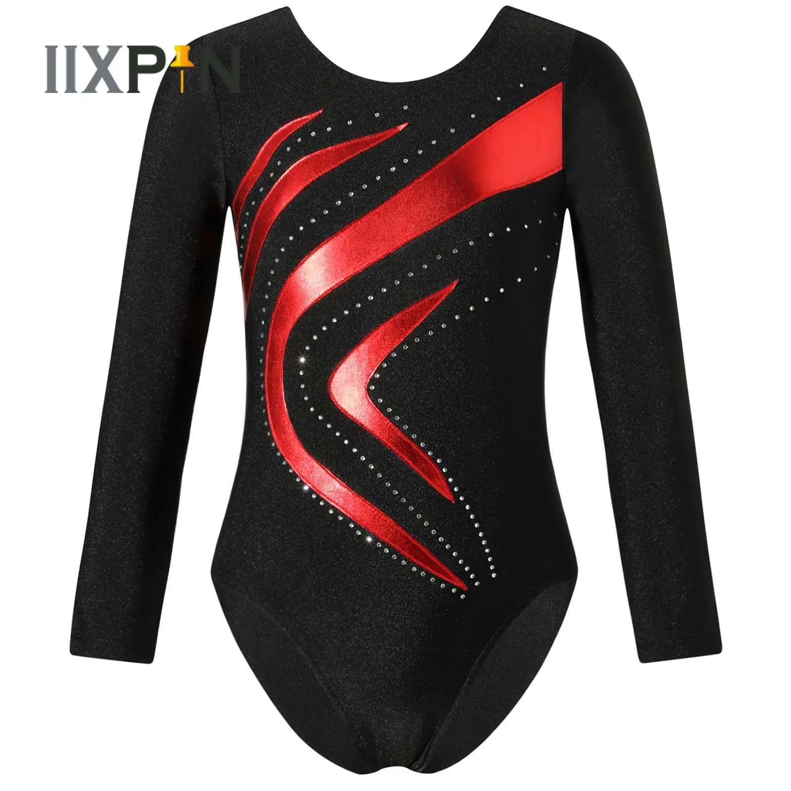 Bambini Ragazze Balletto Ginnastica Body Active Unitard Body Manica Lunga Strass Abbronzante Panno Patchwork Slim Fit Dancewear