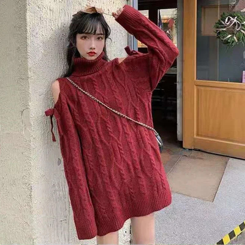 

Sleeve Jumper Wine Red New Year Loose Knitwear Winter Christmas Off Shoulder Turtleneck Sweater Women Fashion Twist Long