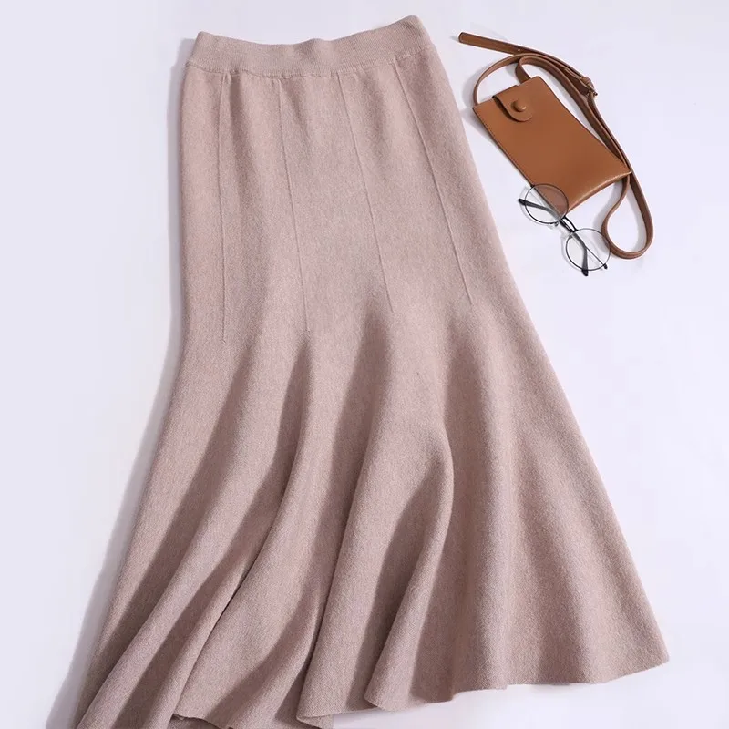 

High Quality Korean New Fashion Womens Autumn Long Skirt Solid Slim Knitted Mermaid Skirt Chic Elasticity Waist Maxi Skirts