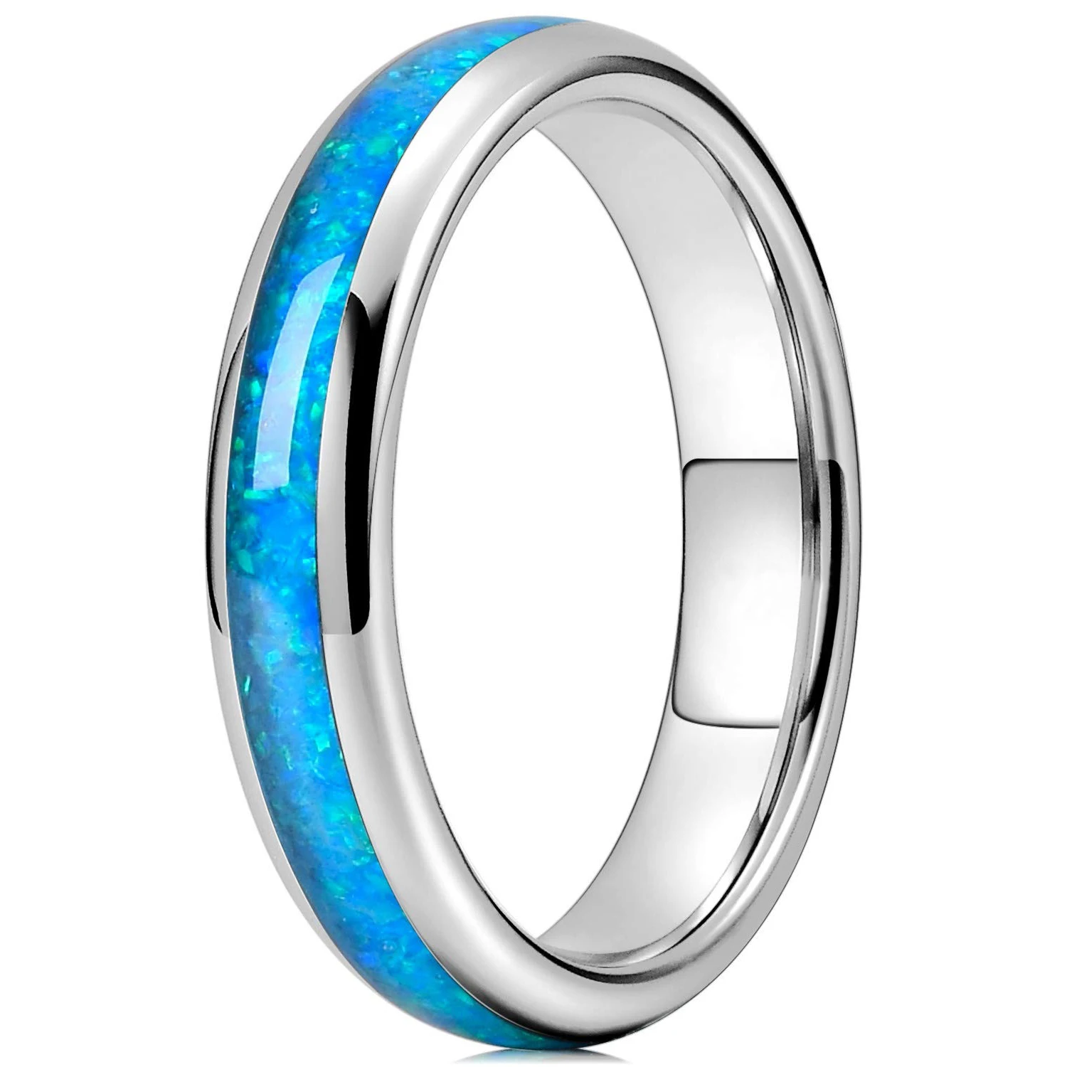 Simple 4mm Stainless Steel Ring For Men Women Blue Fire Opal